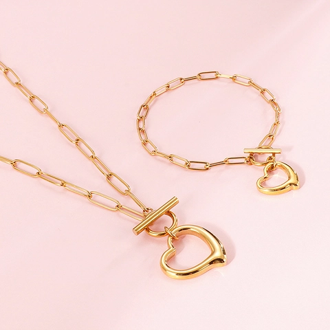 Collar Y Pulsera De Acero Inoxidable Con Colgante De Corazón Cadena De Clip Cierre De Palanca Joyas De Moda Coreana Para Mujeres