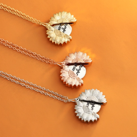 Sunflower Locket Necklace Openable Flower Pendant With Engraved You Are My Sunshine Message Copper Jewelry Gift For Women