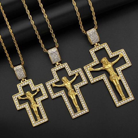 Ciondolo Croce di Gesù Religioso in Acciaio Inossidabile 316 Placcato Oro Strass Crocifisso Solo Ciondolo Senza Catena Per Uomo Donna