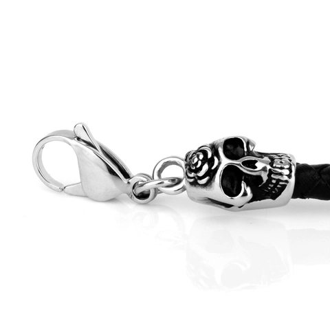 Pulsera De Cuerda De Cuero Trenzado De Calavera Punk Gótica Para Hombre Acero Inoxidable Rosa Tallada Joyería Esqueleto