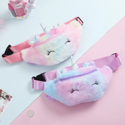 Kids Unicorn Waist Bag Plush Sequin Cartoon Fanny Pack Adjustable Strap Chest Bag Cute Rainbow Purse For Girls
