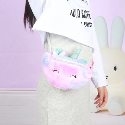 Kids Unicorn Waist Bag Plush Sequin Cartoon Fanny Pack Adjustable Strap Chest Bag Cute Rainbow Purse For Girls