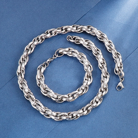 Set Di Gioielli Collana E Bracciale In Acciaio Inossidabile Da Uomo Maglie Texturizzate Stile Punk Industriale