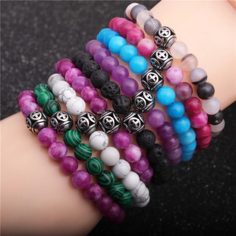 Bracciale Di Perle In Pietra Naturale Elastico Lava Vulcanica Agata Malachite Con Croce In Lega Unisex Boho