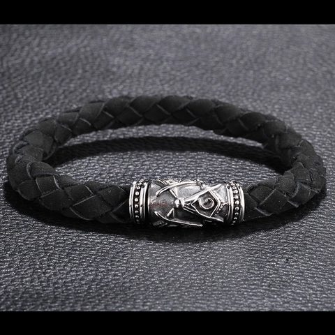 Braided Leather Bracelet For Men Stainless Steel Magnetic Clasp Masonic Totem Vintage Punk Style Wristband Jewelry