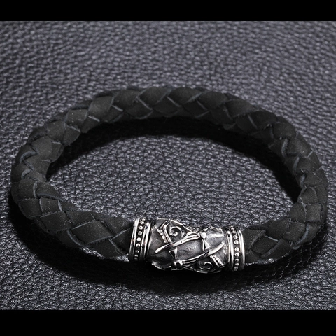Bracciale In Pelle Intrecciata Per Uomo Chiusura Magnetica In Acciaio Inossidabile Totem Massonico Stile Punk Vintage Gioielli