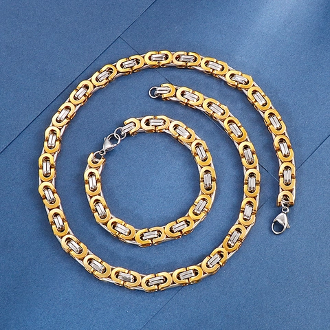 Byzantine Chain Necklace And Bracelet For Men Stainless Steel Hip Hop Punk Style Jewelry Heavy Link Chain