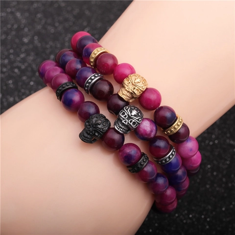 Pulsera De Cuentas Calavera Piedra Ágata Natural Elástica Punk Gótico Joyería De Moda Para Hombre Mujer