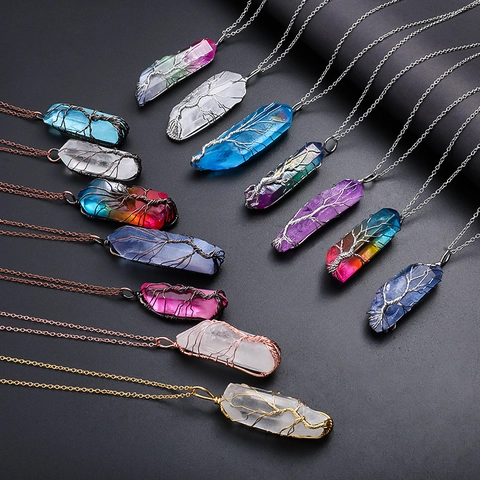Tree Of Life Crystal Column Pendant Necklace Hand-Wrapped Wire Natural Stone Hexagonal Healing Reiki Boho Jewelry Women
