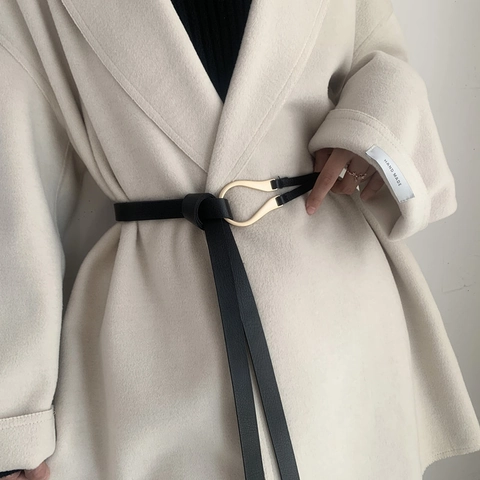 Women PU Leather Thin Belt With Golden Horseshoe Alloy Buckle Fashionable Knot Waist Strap Accessory