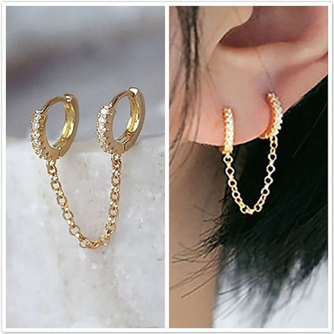 Double Piercing Hoop Earrings Link Chain Copper With Zircon Delicate Fashion Jewelry Accessory For Women