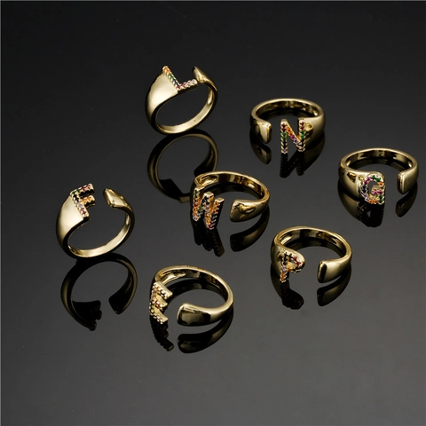 Alphabet Buchstabe Offener Ring 18K Vergoldet Kupfer Bunter Zirkon Regenbogen Verstellbar Modeschmuck Für Damen