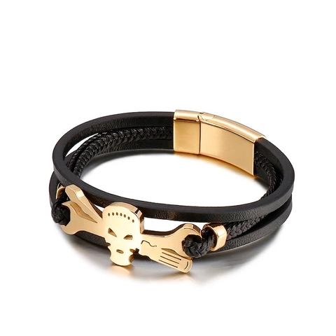 Pulsera Multicapa Cuero Hombre Acero Inoxidable Calavera Llave Trenzado Punk Retro Rock Brazalete Cierre Magnético