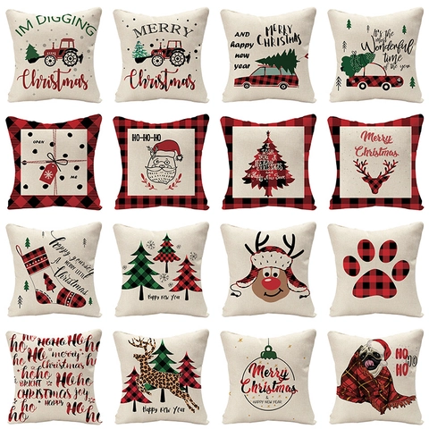 Weihnachts Kissenbezug Leinenmischung Büffelkaro Weihnachtsmann Rentier Dekorative Kissenhülle Feiertag Haus Sofa Dekor