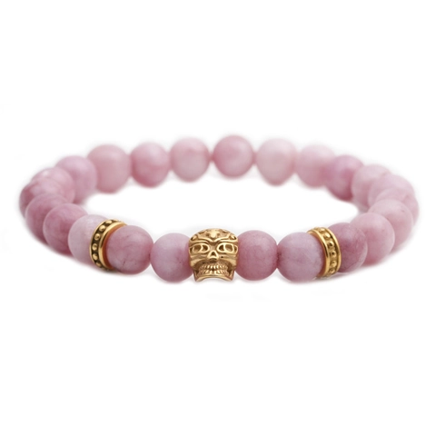 Pulsera De Cuentas Piedra Natural Rosa Calavera Acero Inoxidable Joyería Estilo Gótico Punk Para Hombres Y Mujeres