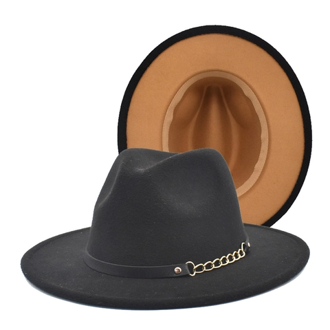 Elegante Wollen Vilt Fedora Hoed Met Kleurblok Breedgerande Jazzhoed Met Gouden Ketting En Leren Band Voor Dames En Heren