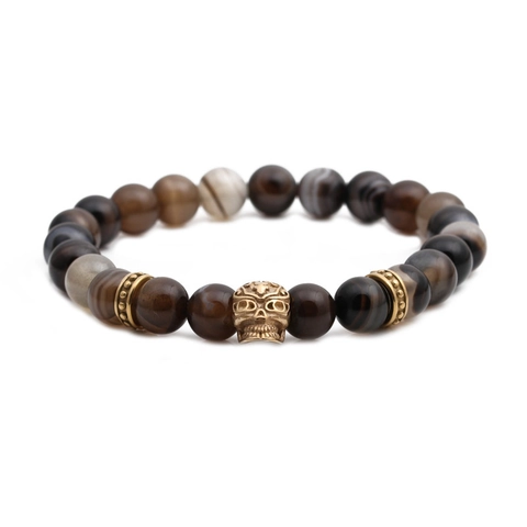 Pulsera Cuentas Hombre Piedra Natural Ágata Rayada Aleación Calavera Retro Goth Rock Punk Joyería Moda Elástica