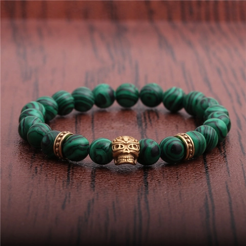 Pulsera De Cuentas De Piedra Malaquita Con Dije De Calavera De Aleación Joyería Elástica Estilo Punk Retro