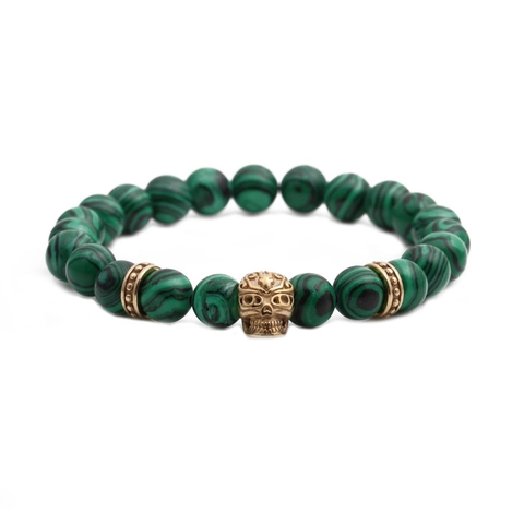 Pulsera De Cuentas De Piedra Malaquita Con Dije De Calavera De Aleación Joyería Elástica Estilo Punk Retro