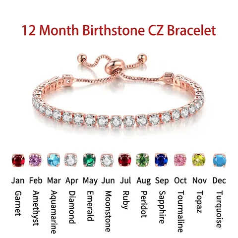 Round Cut Zircon Adjustable Tennis Bracelet Copper Chain Elegant Birthstone Jewelry With Slider Clasp