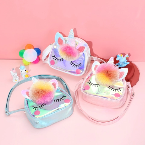 Kids Unicorn Crossbody Bag Holographic TPU Glitter Shoulder Bag For Girls Cartoon Cute Travel Storage Bag Adjustable Strap