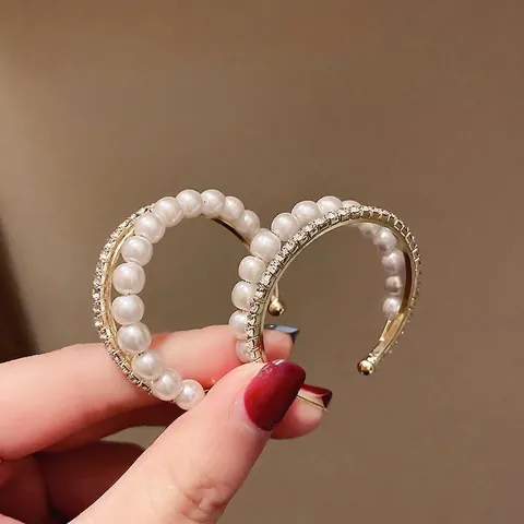 C-Shape Double Circle Hoop Earrings With Artificial Pearl And Rhinestone Alloy Silver Earring Post For Women Korean Style Elegant
