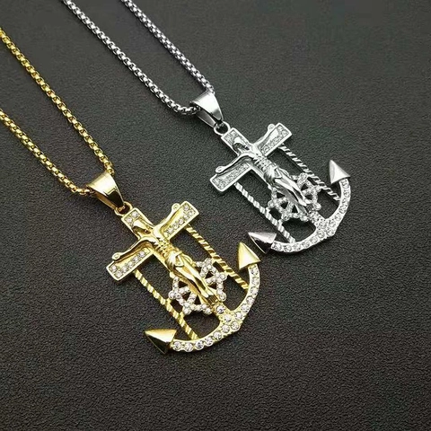 Collar Con Colgante De Cruz De Ancla Jesús De Acero Inoxidable Chapado En Oro Iced Out Diamantes De Imitación Hip Hop Joyería Religiosa Para Hombres