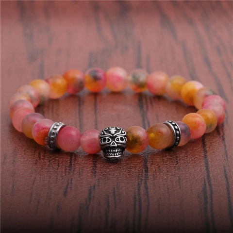 Pulsera De Cuentas Moda Piedra Ágata Mate Dije Calavera De Aleación Joyería Estilo Punk Retro Para Hombres Mujeres