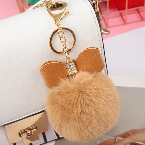 Kunstkonijnenbont Pompon Sleutelhanger Met Strass PU Leer Strik Tas Hanger Voor Dames