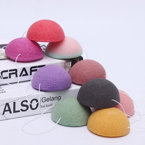 Natural Konjac Facial Sponge Hemispherical Deep Cleansing Face Wash Puff With Hanging Rope Biodegradable For All Skin Types