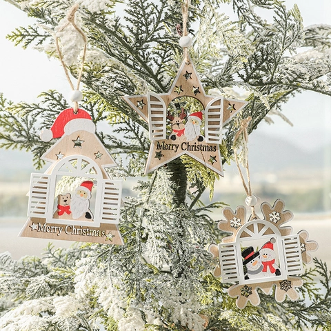 Ornamenti Appesi Natalizi In Legno Babbo Natale Pupazzo Di Neve Stella Fiocco Casa Forme Decorazione Rustica Per Feste