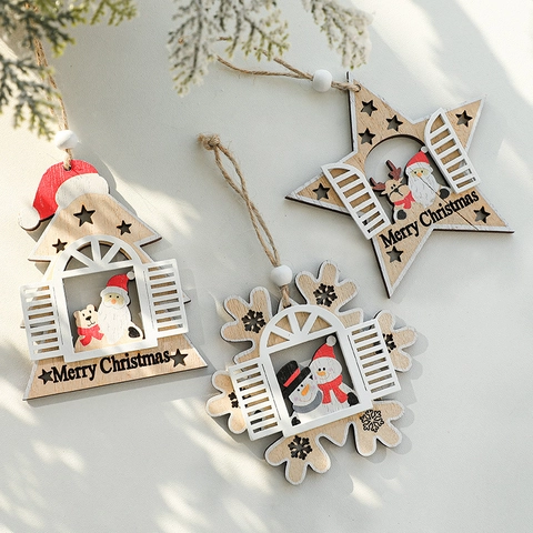 Ornamenti Appesi Natalizi In Legno Babbo Natale Pupazzo Di Neve Stella Fiocco Casa Forme Decorazione Rustica Per Feste