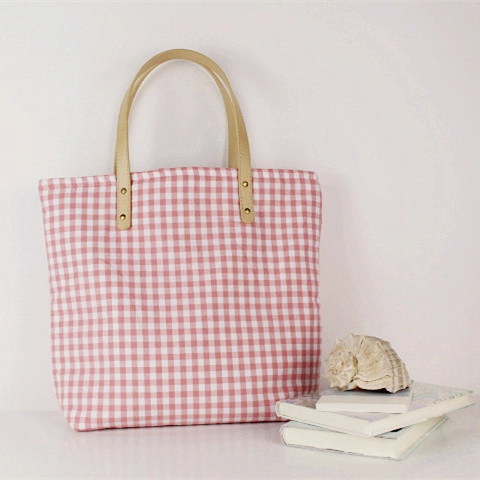 Damen Tote Bag Mit Gingham Karomuster Baumwolle Leinen Canvas Schultertasche Mit PU Lederriemen Nieten Reißverschluss