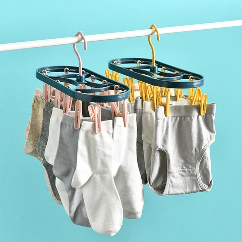 Laundry Drying Rack Windproof PP Plastic Rotatable Space Saving Multi Clip Hanger For Socks Underwear Lingerie Household
