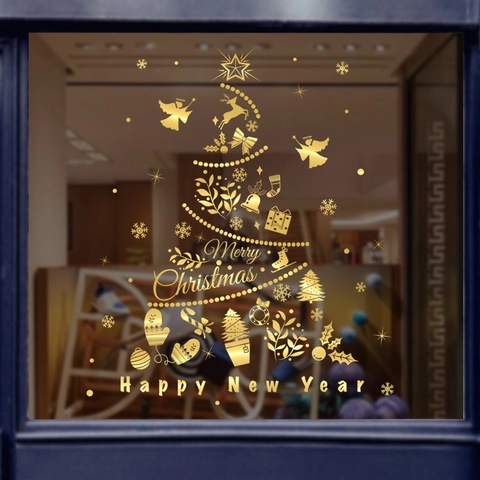 Weihnachtsbaum Fensteraufkleber Gold PVC Statisch Haftend Rentier Schneeflocke Glas Tür Deko