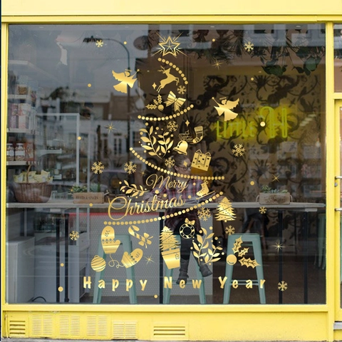 Weihnachtsbaum Fensteraufkleber Gold PVC Statisch Haftend Rentier Schneeflocke Glas Tür Deko