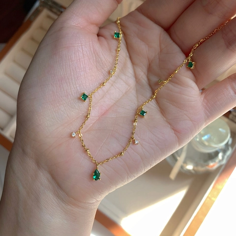 Collana in Rame Stile Palazzo Vintage per Donna Elegante Catena a Clavicola in Strass Verdi Geometrici a Goccia d'Acqua Regalo
