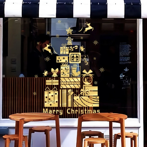 Christmas Window Clings Gold Stamped Static Cling Reindeer Gift Box Tree Star Glass Decals Holiday Home Decoration