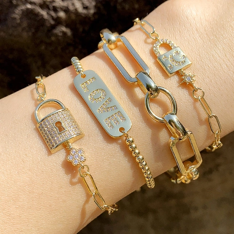 Pulsera De Cobre Chapado En Oro Colgante Candado Llave Circón Luna Estrella Letra LOVE Elegante Cadena De Clip Para Mujeres