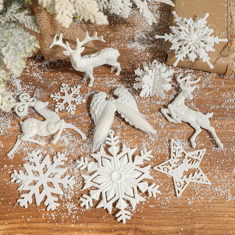 Christmas Hanging Ornaments White Glitter Snowflake Reindeer Angel Wings Star Holiday Tree Decorations