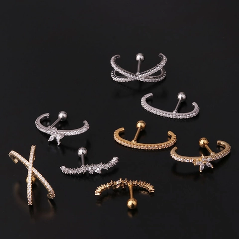 Bloem Zirkoon Oorkraakbeen Studs Koperen Piercing Sieraden Met Roestvrijstalen Staaf Geometrische Kruis Stijl Voor Dames
