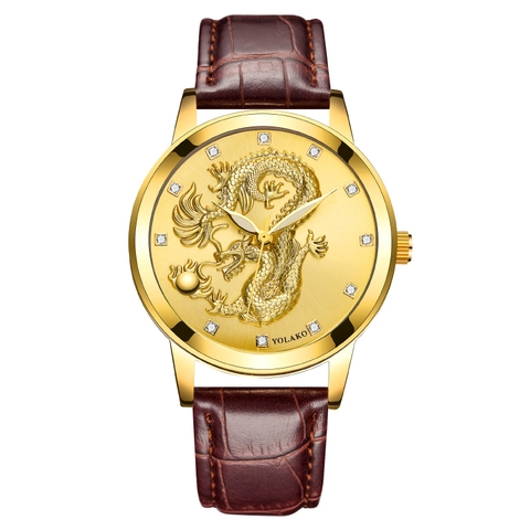 Men Quartz Watch Gold Dragon Relief Luxury Rhinestone Waterproof Leather Strap Chinese Style Business Fashion Wristwatch