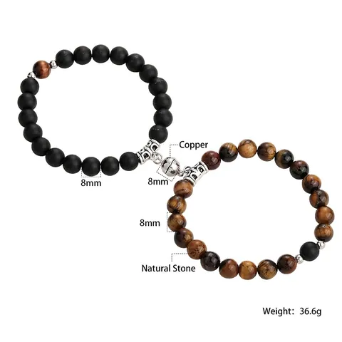 Set di Braccialetti di Perline in Pietra Naturale ad Attrazione Magnetica per Coppia Uomo Donna Chiusura a Cuore Occhio di Tigre Pietra Vulcanica
