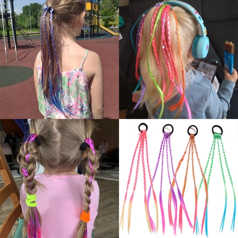 Kids Braided Wig Hair Ties Gradient Colorful Synthetic Fiber Elastic Hair Bands For Girls Long Braids Novelty