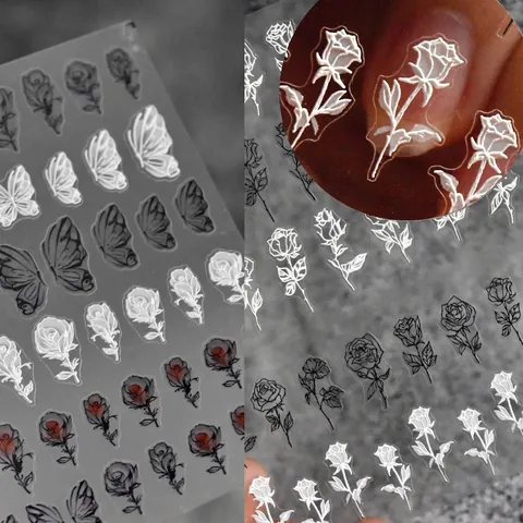 5D Embossed Nail Art Stickers 3D Relief Black Rose Butterfly Floral Designs Self Adhesive Decals For DIY Manicure Women