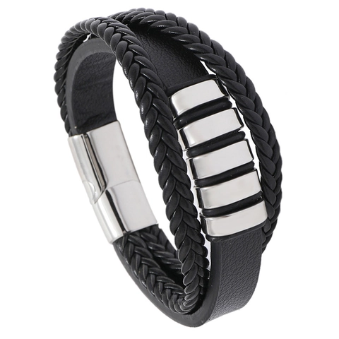 Pulsera Hombre Trenzada Multi Capa Cuero Y Acero Inoxidable Estilo Punk Accesorio Joyería