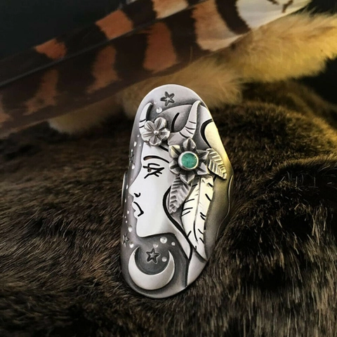 Vintage Alloy Ring With Green Gemstone Embossed Goddess Portrait Moon Star Zodiac Bohemian Style Jewelry For Women