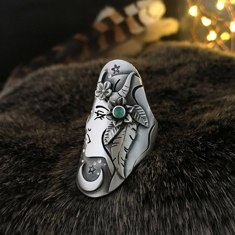 Vintage Alloy Ring With Green Gemstone Embossed Goddess Portrait Moon Star Zodiac Bohemian Style Jewelry For Women