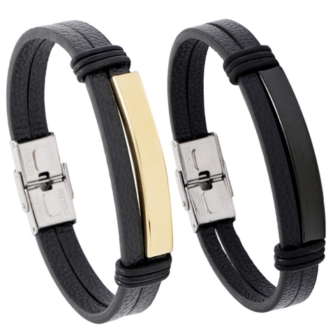 Men PU Leather Bracelet Stainless Steel Metal Plate Double Layer Minimalist Punk Vintage Bangle Jewelry Accessory