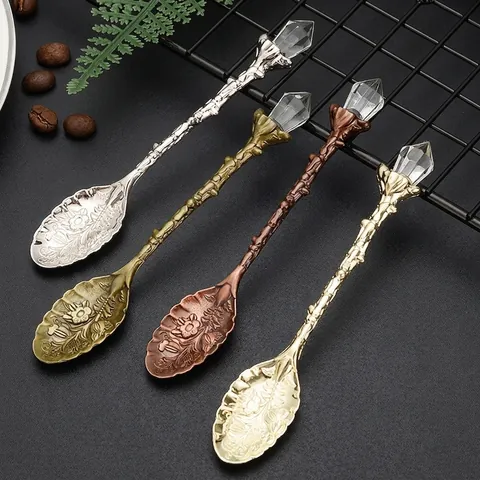 Cucchiaino Da Caffè Vintage Lega Zinco Acrilico Cristallo Intagliato Motivo Floreale Retro Strumento Dessert Manico Foglia